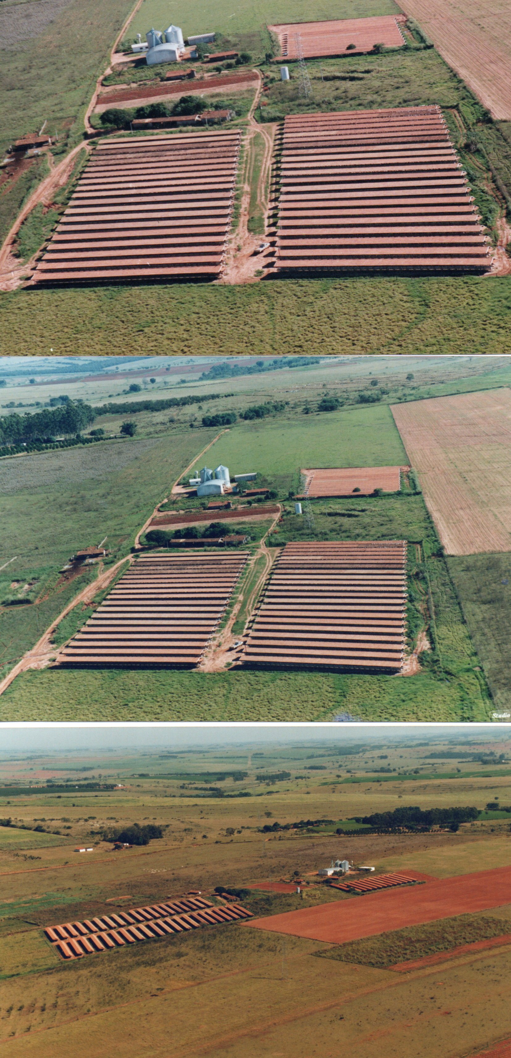 Vista aérea antiga dos galpões da granja